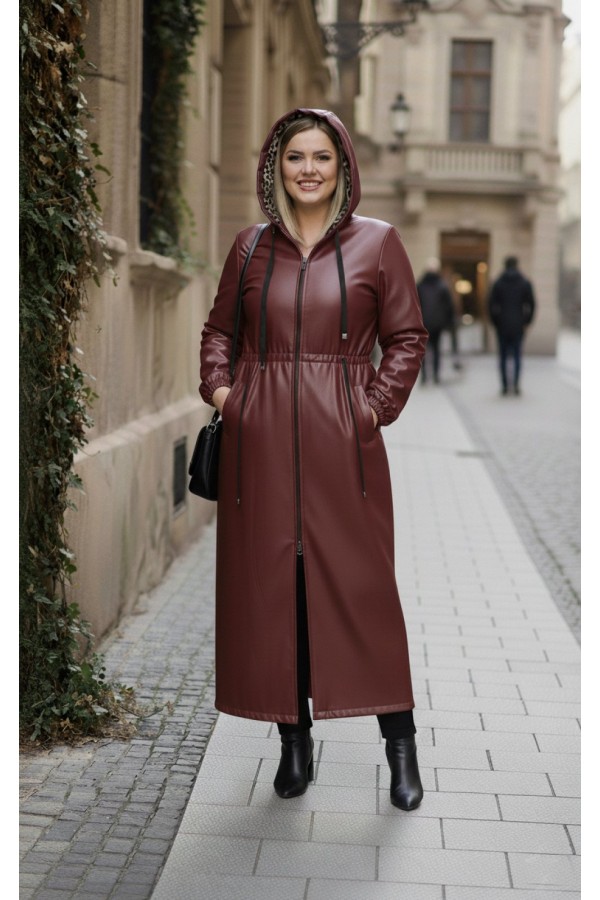 Lema Beli Büzgülü Kapşonlu Tam Boy Deri Trenç - Bordo