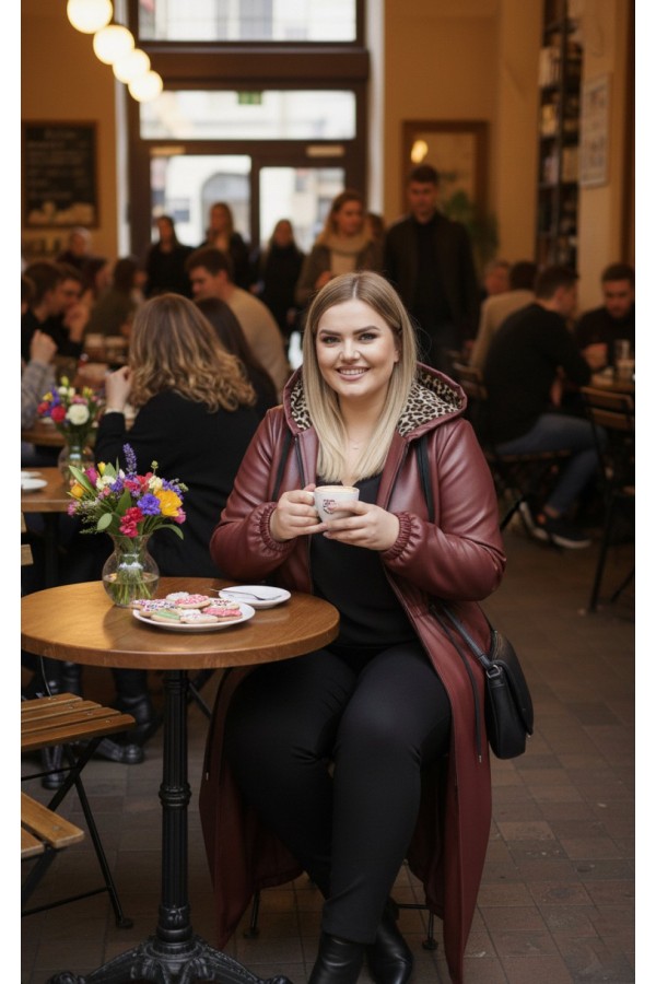 Lema Beli Büzgülü Kapşonlu Tam Boy Deri Trenç - Bordo