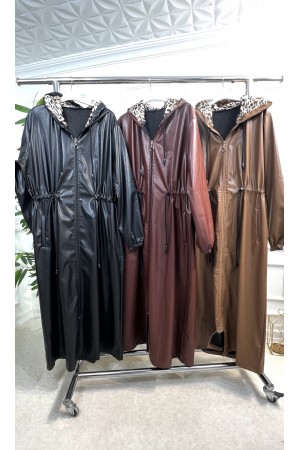 Lema Beli Büzgülü Kapşonlu Tam Boy Deri Trenç - Bordo Lema Beli Büzgülü Kapşonlu Tam Boy Deri Trenç - Bordo