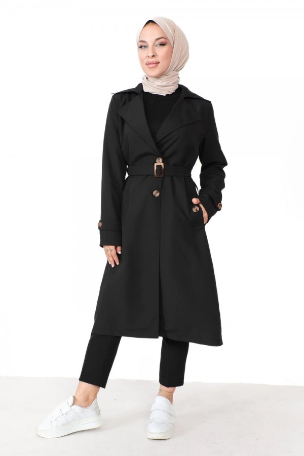 Sitara Su İtici Düğme Detaylı Astarlı Trenç - Siyah Sitara Su İtici Düğme Detaylı Astarlı Trenç - Siyah