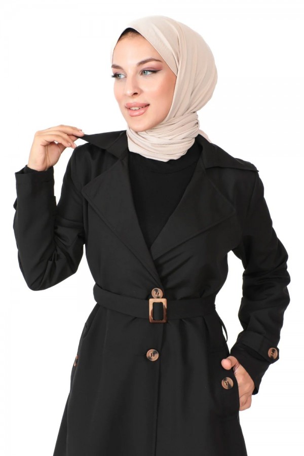 Sitara Su İtici Düğme Detaylı Astarlı Trenç - Siyah Sitara Su İtici Düğme Detaylı Astarlı Trenç - Siyah