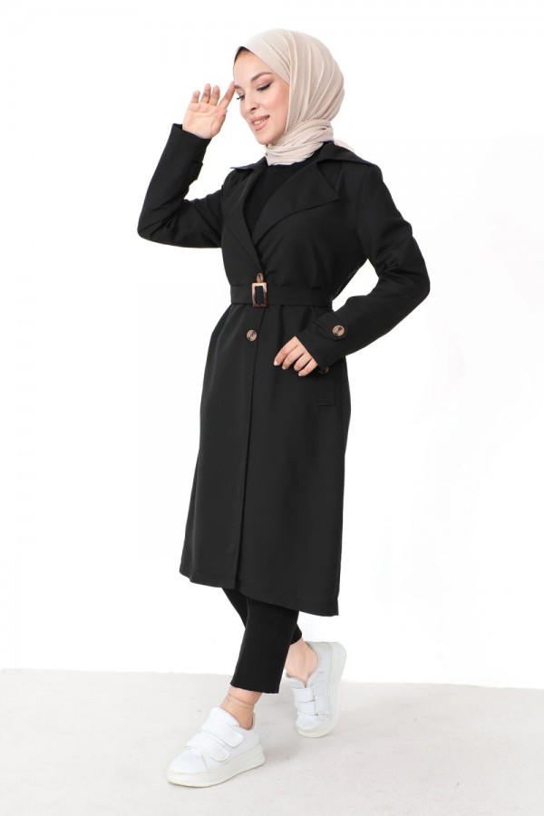 Sitara Su İtici Düğme Detaylı Astarlı Trenç - Siyah Sitara Su İtici Düğme Detaylı Astarlı Trenç - Siyah