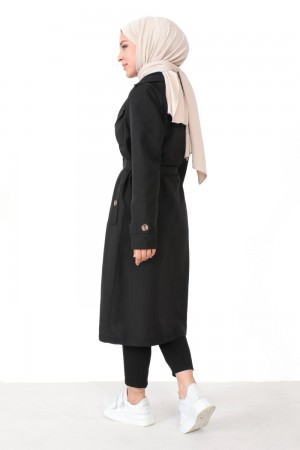 Sitara Su İtici Düğme Detaylı Astarlı Trenç - Siyah Sitara Su İtici Düğme Detaylı Astarlı Trenç - Siyah