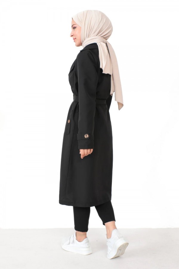 Sitara Su İtici Düğme Detaylı Astarlı Trenç - Siyah Sitara Su İtici Düğme Detaylı Astarlı Trenç - Siyah