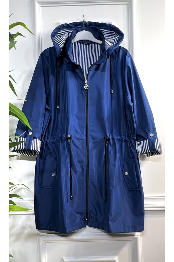 Nisa Çıkarılabilir Kapşonlu İçi Çizgili Kısa Trenç - Mavi