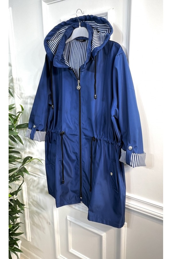 Nisa Çıkarılabilir Kapşonlu İçi Çizgili Kısa Trenç - Mavi