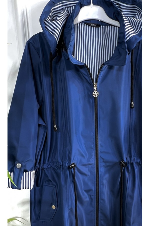 Nisa Çıkarılabilir Kapşonlu İçi Çizgili Kısa Trenç - Mavi