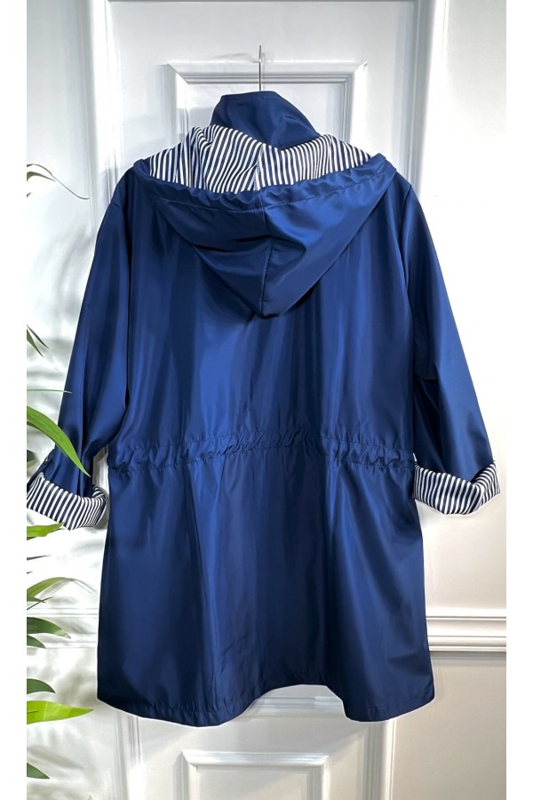 Nisa Çıkarılabilir Kapşonlu İçi Çizgili Kısa Trenç - Mavi