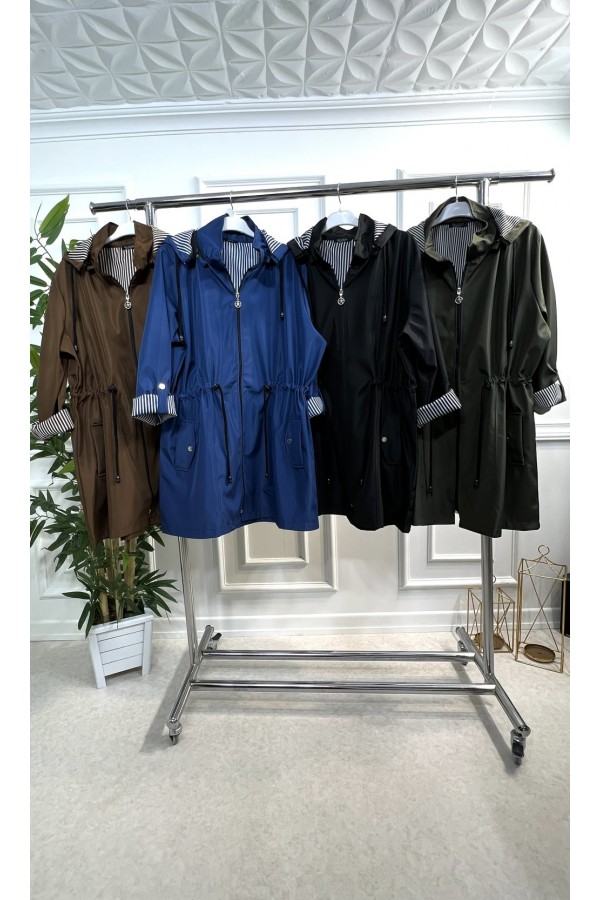 Nisa Çıkarılabilir Kapşonlu İçi Çizgili Kısa Trenç - Mavi