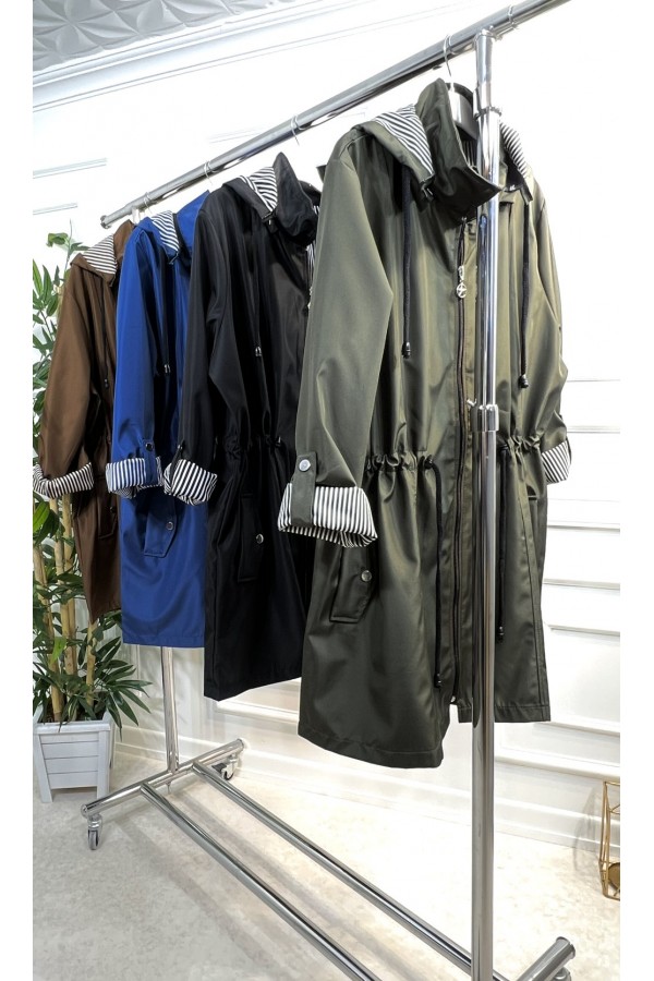 Nisa Çıkarılabilir Kapşonlu İçi Çizgili Kısa Trenç - Mavi