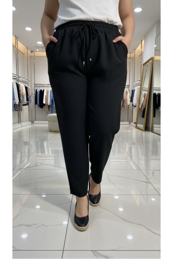 Cazibe İthal Dabıl Beli Lastikli Dar Paça Pantolon-Siyah 