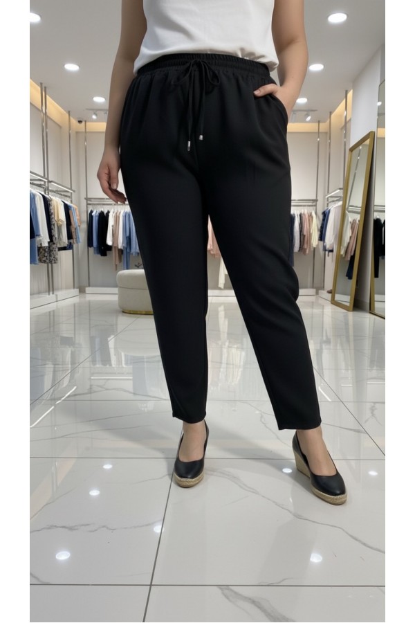 Cazibe İthal Dabıl Beli Lastikli Dar Paça Pantolon-Siyah 