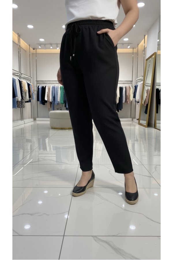Cazibe İthal Dabıl Beli Lastikli Dar Paça Pantolon-Siyah 