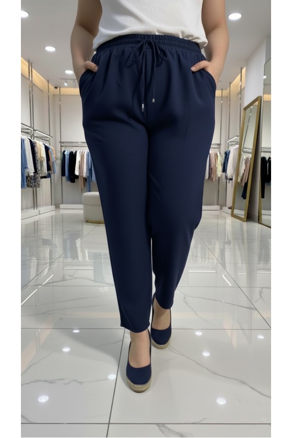 Cazibe İthal Dabıl Beli Lastikli Dar Paça Pantolon-Lacivert
