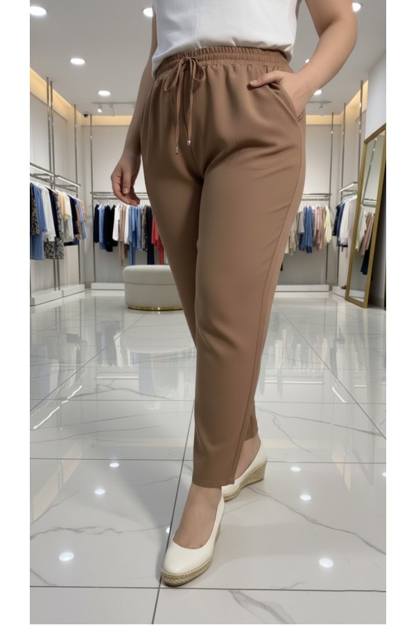 Cazibe İthal Dabıl Beli Lastikli Dar Paça Pantolon-Vizon