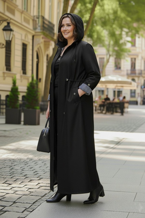 Ateş Çıkarılabilir Kapşonlu İçi Çizgili Tam Boy Trenç - Siyah Ateş Çıkarılabilir Kapşonlu İçi Çizgili Tam Boy Trenç - Siyah