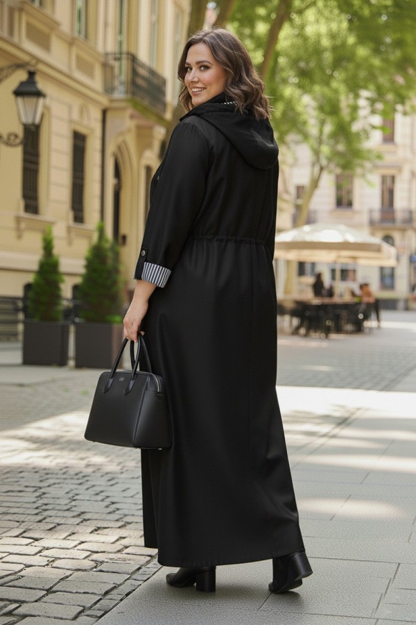 Ateş Çıkarılabilir Kapşonlu İçi Çizgili Tam Boy Trenç - Siyah Ateş Çıkarılabilir Kapşonlu İçi Çizgili Tam Boy Trenç - Siyah