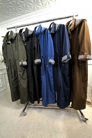 Ateş Çıkarılabilir Kapşonlu İçi Çizgili Tam Boy Trenç - Mavi Ateş Çıkarılabilir Kapşonlu İçi Çizgili Tam Boy Trenç - Mavi