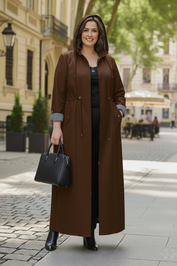 Ateş Çıkarılabilir Kapşonlu İçi Çizgili Tam Boy Trenç - Kahverengi Ateş Çıkarılabilir Kapşonlu İçi Çizgili Tam Boy Trenç - Kahverengi