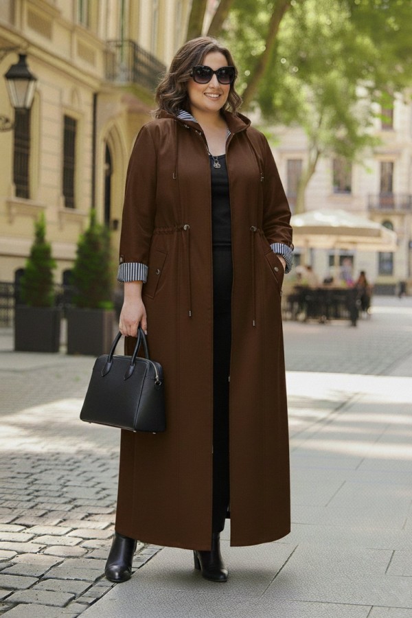 Ateş Çıkarılabilir Kapşonlu İçi Çizgili Tam Boy Trenç - Kahverengi Ateş Çıkarılabilir Kapşonlu İçi Çizgili Tam Boy Trenç - Kahverengi