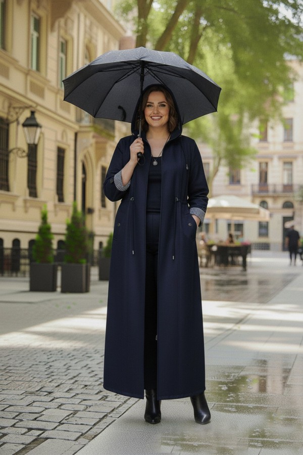 Ateş Çıkarılabilir Kapşonlu İçi Çizgili Tam Boy Trenç - Lacivert Ateş Çıkarılabilir Kapşonlu İçi Çizgili Tam Boy Trenç - Lacivert