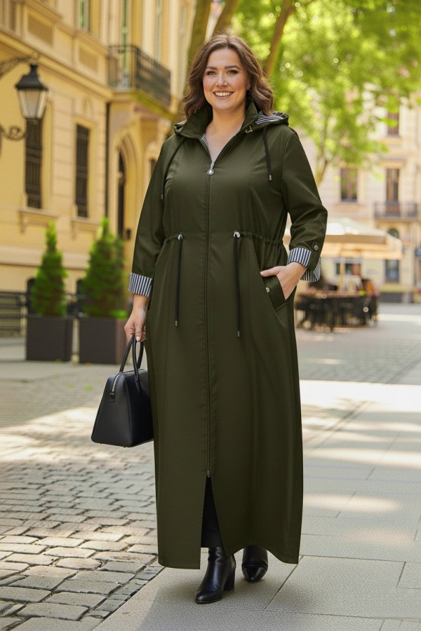 Ateş Çıkarılabilir Kapşonlu İçi Çizgili Tam Boy Trenç - Haki Ateş Çıkarılabilir Kapşonlu İçi Çizgili Tam Boy Trenç - Haki