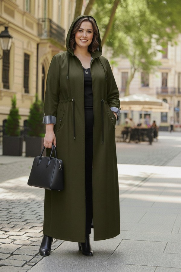 Ateş Çıkarılabilir Kapşonlu İçi Çizgili Tam Boy Trenç - Haki Ateş Çıkarılabilir Kapşonlu İçi Çizgili Tam Boy Trenç - Haki