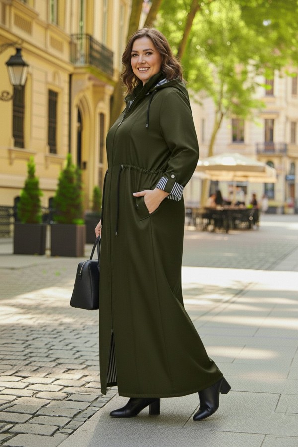 Ateş Çıkarılabilir Kapşonlu İçi Çizgili Tam Boy Trenç - Haki Ateş Çıkarılabilir Kapşonlu İçi Çizgili Tam Boy Trenç - Haki