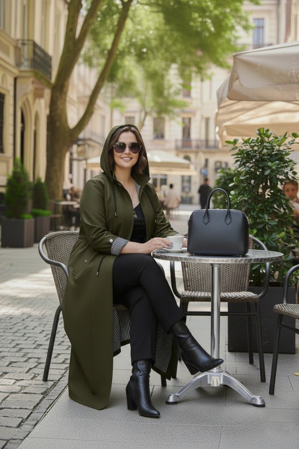 Ateş Çıkarılabilir Kapşonlu İçi Çizgili Tam Boy Trenç - Haki Ateş Çıkarılabilir Kapşonlu İçi Çizgili Tam Boy Trenç - Haki