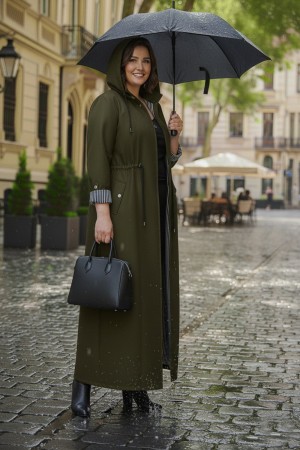 Ateş Çıkarılabilir Kapşonlu İçi Çizgili Tam Boy Trenç - Haki Ateş Çıkarılabilir Kapşonlu İçi Çizgili Tam Boy Trenç - Haki