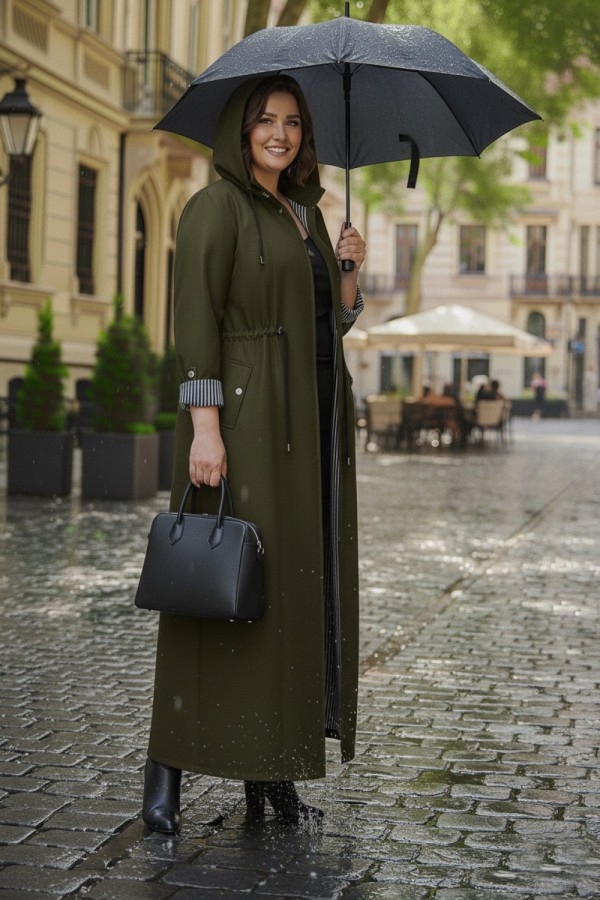 Ateş Çıkarılabilir Kapşonlu İçi Çizgili Tam Boy Trenç - Haki Ateş Çıkarılabilir Kapşonlu İçi Çizgili Tam Boy Trenç - Haki