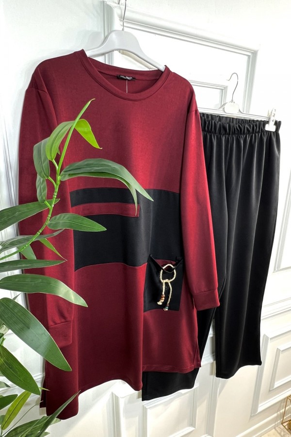 Boncuk Cep Detaylı İkili Penye Takım - Bordo Boncuk Cep Detaylı İkili Penye Takım - Bordo