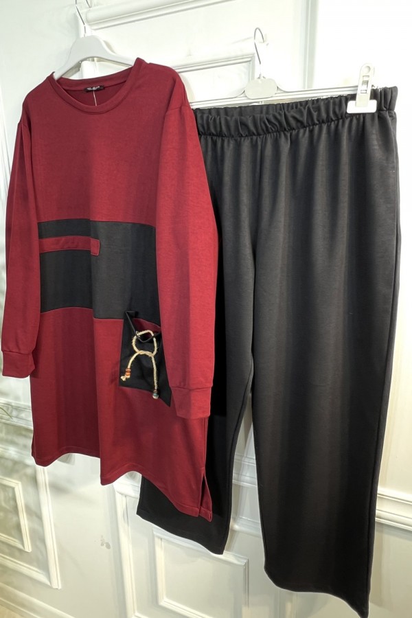 Boncuk Cep Detaylı İkili Penye Takım - Bordo Boncuk Cep Detaylı İkili Penye Takım - Bordo