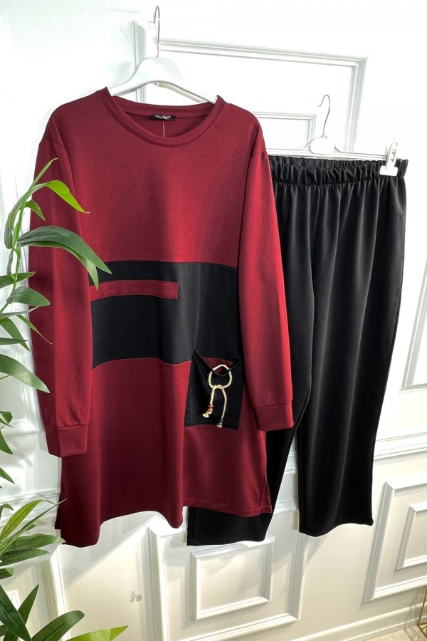 Boncuk Cep Detaylı İkili Penye Takım - Bordo Boncuk Cep Detaylı İkili Penye Takım - Bordo