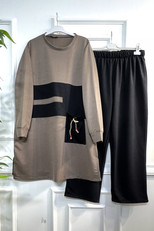 Boncuk Cep Detaylı İkili Penye Takım - Vizon Boncuk Cep Detaylı İkili Penye Takım - Vizon