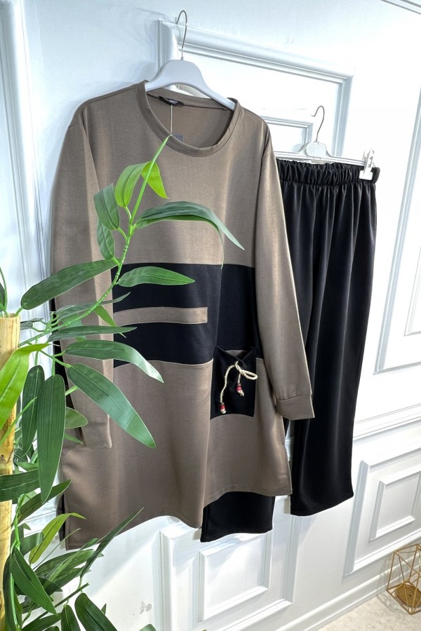 Boncuk Cep Detaylı İkili Penye Takım - Vizon Boncuk Cep Detaylı İkili Penye Takım - Vizon