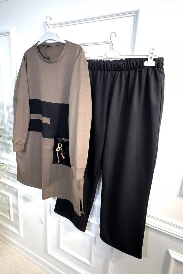 Boncuk Cep Detaylı İkili Penye Takım - Vizon Boncuk Cep Detaylı İkili Penye Takım - Vizon