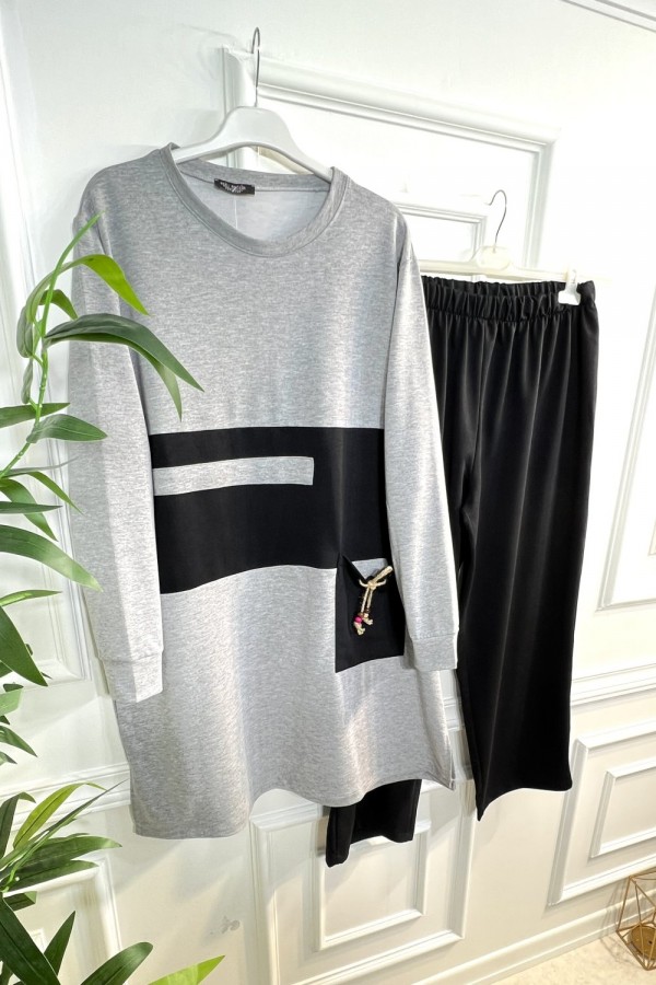 Boncuk Cep Detaylı İkili Penye Takım - Gri Boncuk Cep Detaylı İkili Penye Takım - Gri