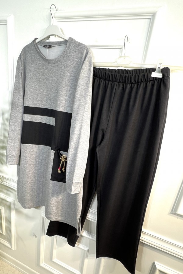 Boncuk Cep Detaylı İkili Penye Takım - Gri Boncuk Cep Detaylı İkili Penye Takım - Gri