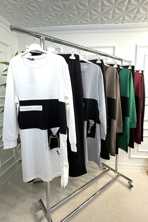 Boncuk Cep Detaylı İkili Penye Takım - Gri Boncuk Cep Detaylı İkili Penye Takım - Gri