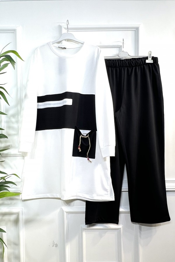 Boncuk Cep Detaylı İkili Penye Takım - Ekru Boncuk Cep Detaylı İkili Penye Takım - Ekru