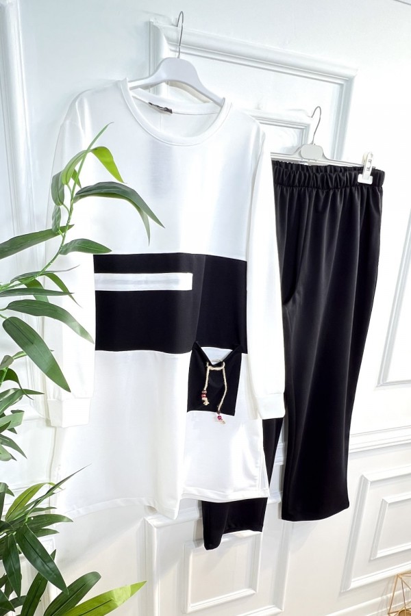 Boncuk Cep Detaylı İkili Penye Takım - Ekru Boncuk Cep Detaylı İkili Penye Takım - Ekru