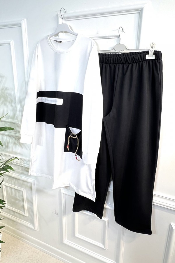 Boncuk Cep Detaylı İkili Penye Takım - Ekru Boncuk Cep Detaylı İkili Penye Takım - Ekru