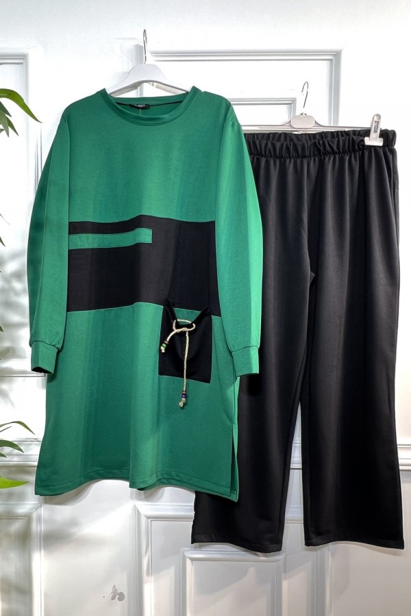 Boncuk Cep Detaylı İkili Penye Takım - Zümrüt Boncuk Cep Detaylı İkili Penye Takım - Zümrüt