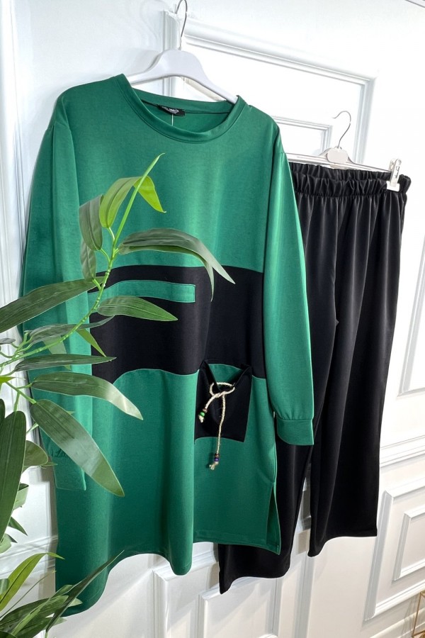 Boncuk Cep Detaylı İkili Penye Takım - Zümrüt Boncuk Cep Detaylı İkili Penye Takım - Zümrüt