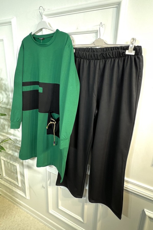 Boncuk Cep Detaylı İkili Penye Takım - Zümrüt Boncuk Cep Detaylı İkili Penye Takım - Zümrüt