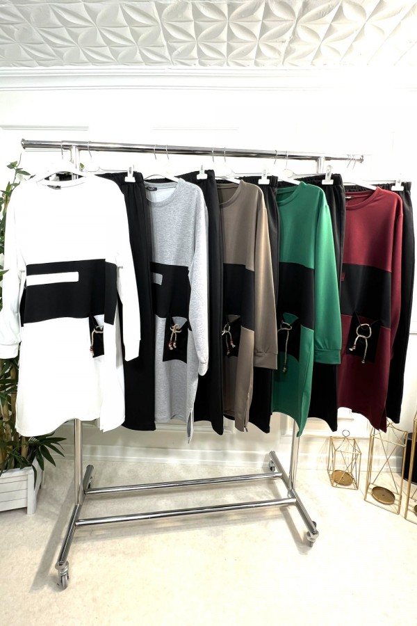 Boncuk Cep Detaylı İkili Penye Takım - Zümrüt Boncuk Cep Detaylı İkili Penye Takım - Zümrüt