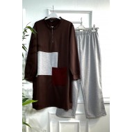 Umay Fermuarlı Cep Detaylı İki İplik İkili Penye Takım - Kahve