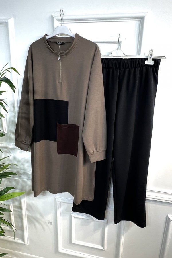 Umay Fermuarlı Cep Detaylı İki İplik İkili Penye Takım - Vizon Umay Fermuarlı Cep Detaylı İki İplik İkili Penye Takım - Vizon