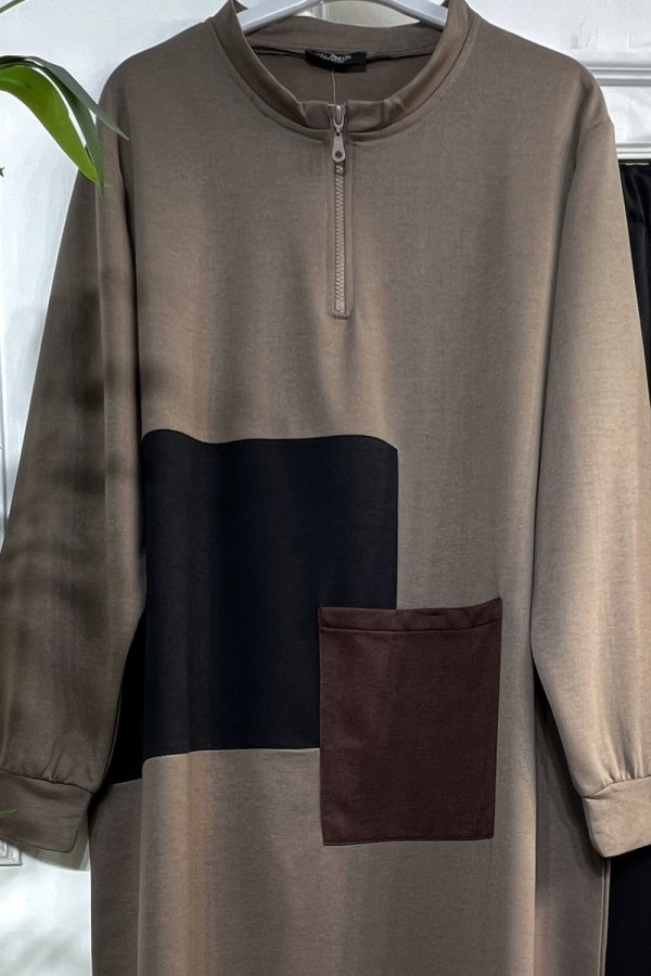 Umay Fermuarlı Cep Detaylı İki İplik İkili Penye Takım - Vizon Umay Fermuarlı Cep Detaylı İki İplik İkili Penye Takım - Vizon